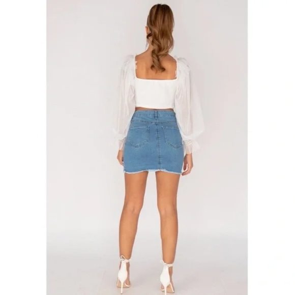 Blue High Waist Ripped Distressed Frayed Hem Denim Jeans Bodycon Mini Skirt - Picture 4 of 15